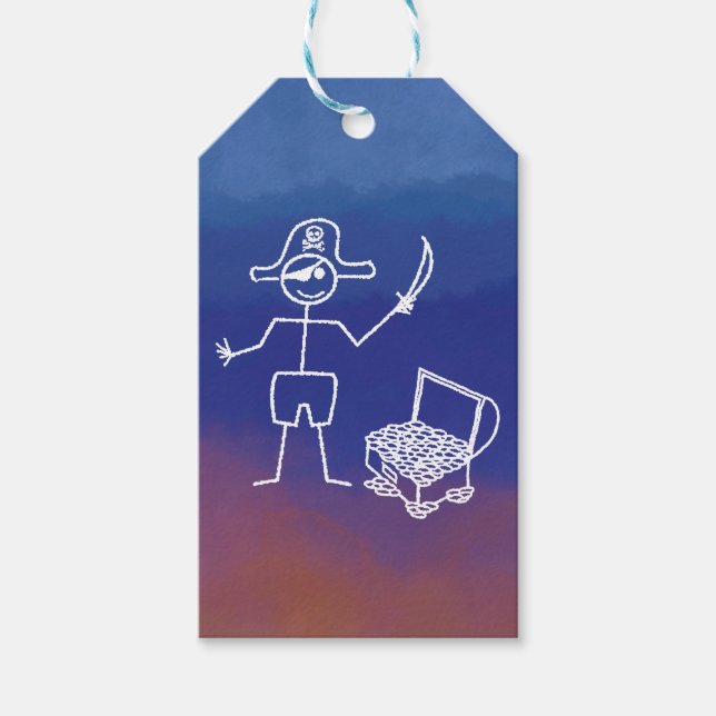 Pirate Stickman mit Schatztruhe Wasserfarbe Geschenkanhänger (Vorderseite)