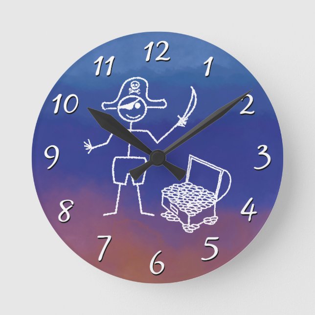 Pirate Stickman mit Schatztruhe Wasserfarbe Runde Wanduhr (Vorderseite)
