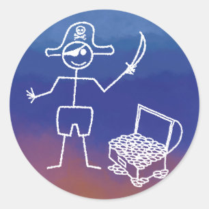 Pirate Stickman mit Schatztruhe Wasserfarbe Runder Aufkleber