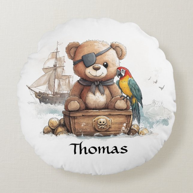 Pirate Teddy Bear Adventure - Customizable Rundes Kissen (Vorderseite)