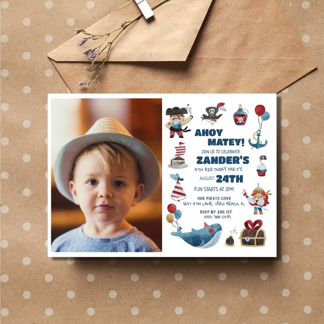 Pirate Theme Foto Boys 4. Geburtstag Party Einladung (Pirate Theme Photo Boys 4th Birthday Party Invitation)