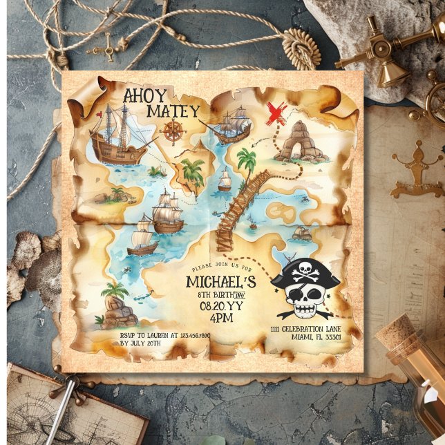 Pirate Themed Schatzkarte Geburtstagspartei Einladung (Pirate Themed Treasure Map Birthday Party Invitation)