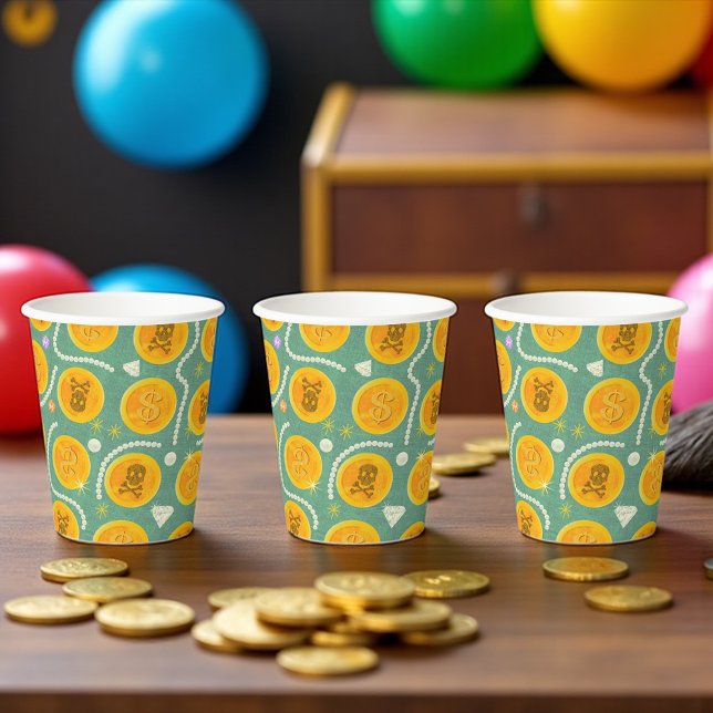 Pirate Treasure Gold Coin Party Pappbecher (Gold pirate coin party cups with pearls and gems, perfect for kids’ pirate birthdays and treasure hu)