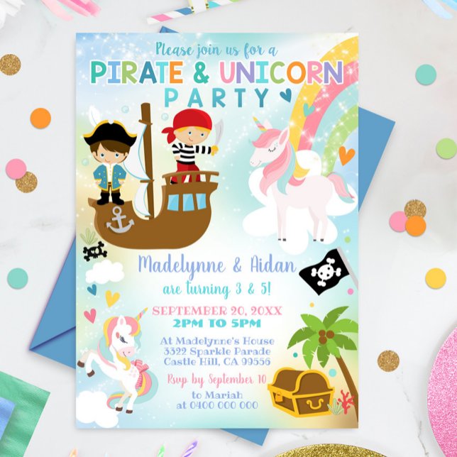 Pirate und Einhorn Einladung Junge Geschwister (Pirate and Unicorn Birthday Invitation. Perfect for Twins, Sibling or Joint Birthday Party.)