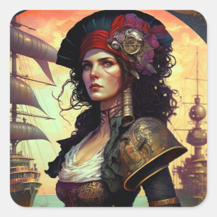 Pirate Woman Fantasy Art Quadratischer Aufkleber