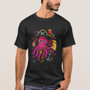 Piraten-Oktopus-Kapitän mit Papagei Rosa Kraken T-Shirt