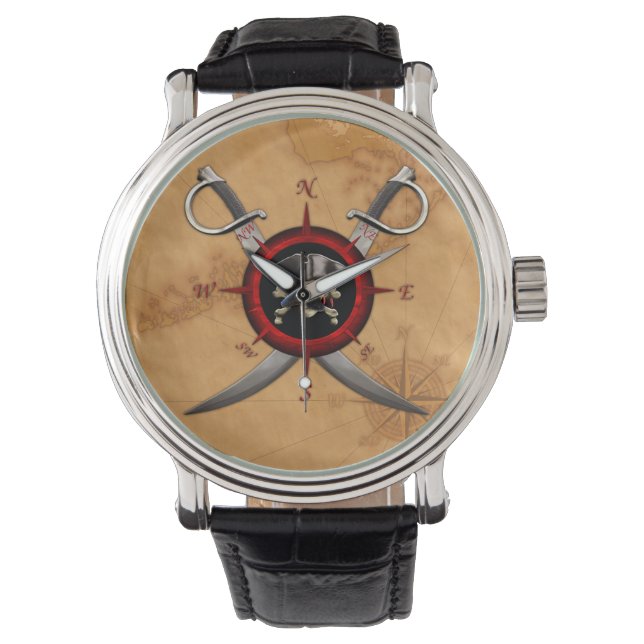 Piraten-Schädel-Kompassrose Armbanduhr (Vorderseite)