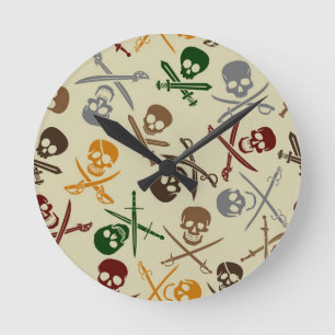 Piraten-Schädel mit gekreuzten Schwertern Runde Wanduhr