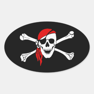Piraten-Schädel und Kreuzknochen mit rotem Bandana Ovaler Aufkleber
