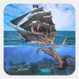 Piraten Schiff gegen den Riesenkraken Quadratischer Aufkleber