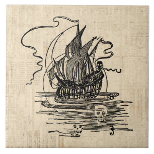 Piraten Schiff mit Totenköpfen Vintage Piratenkuns Fliese
