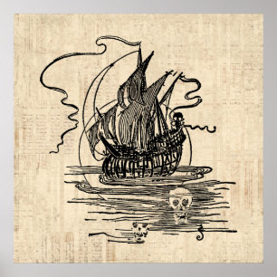 Piraten Schiff mit Totenköpfen Vintage Piratenkuns Poster