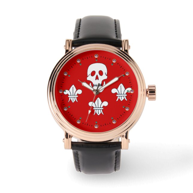 PIRATENFLAGGE SKULL UND DREI LILIES FLAG, rot Armbanduhr (Vorderseite)