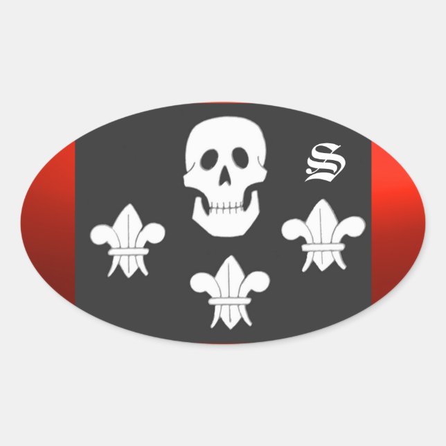 PIRATENFLAGGE SKULL UND DREI LILIES FLAGMONOGRAM OVALER AUFKLEBER (Vorderseite)