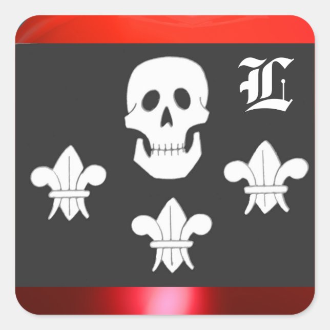 PIRATENFLAGGE SKULL UND DREI LILIES FLAGMONOGRAM QUADRATISCHER AUFKLEBER (Vorderseite)