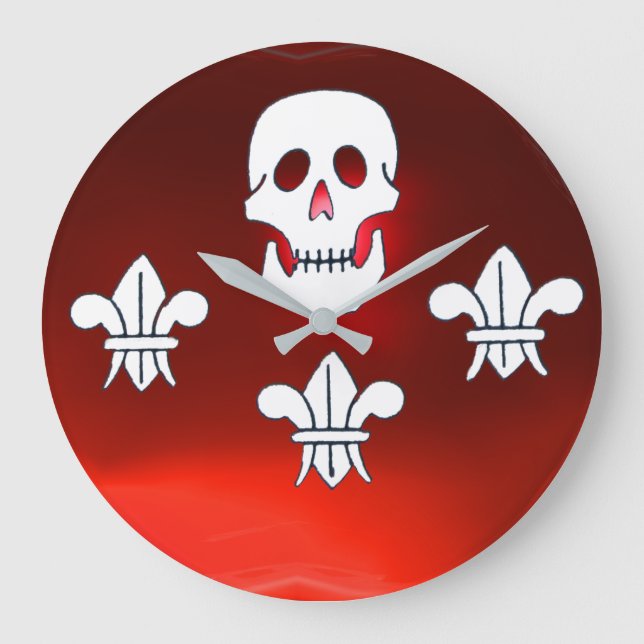 PIRATENFLAGGE SKULL UND DREI LILILIES FLAG, Rot Ru Große Wanduhr (Vorderseite)