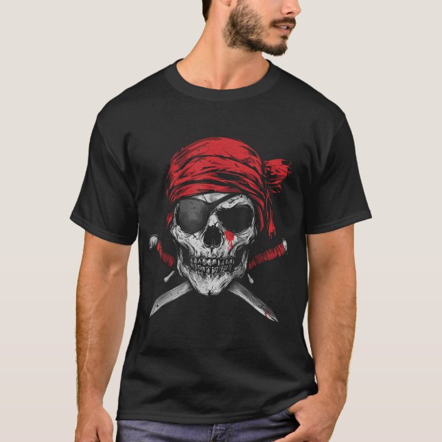 Piratenflagge Skull und Kreuzknochen Skelett T-Shirt (Vorderseite)