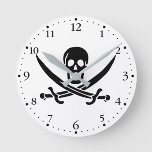 Piratenflagge Totenkopf gekreuzte Schwerter Runde Wanduhr