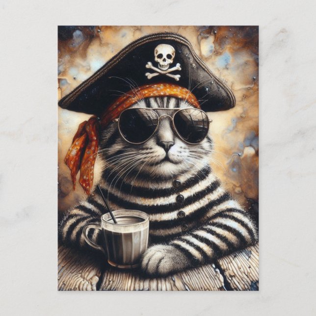 Piratenkatze mit Kaffee Postkarte (Vorderseite)
