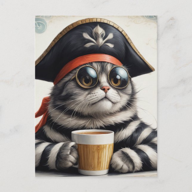 Piratenkatze mit Kaffee Postkarte (Vorderseite)