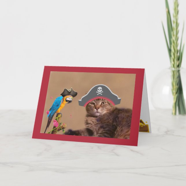 Piratenkatze und Papagei zum Geburtstag Karte (Vorderseite)