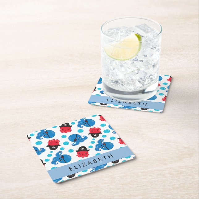 Piratenktopus, Octopus-Muster, Meer, Ihr Name Rechteckiger Pappuntersetzer (Vor Ort)