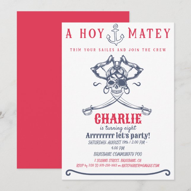 Piratenpink Geburtstagsparty Einladung (Vorne/Hinten)