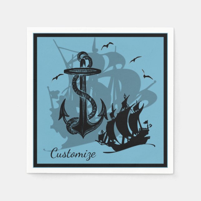 Piratenschiff & Anchor Black Silhouette Napkins 3 Serviette (Vorderseite)