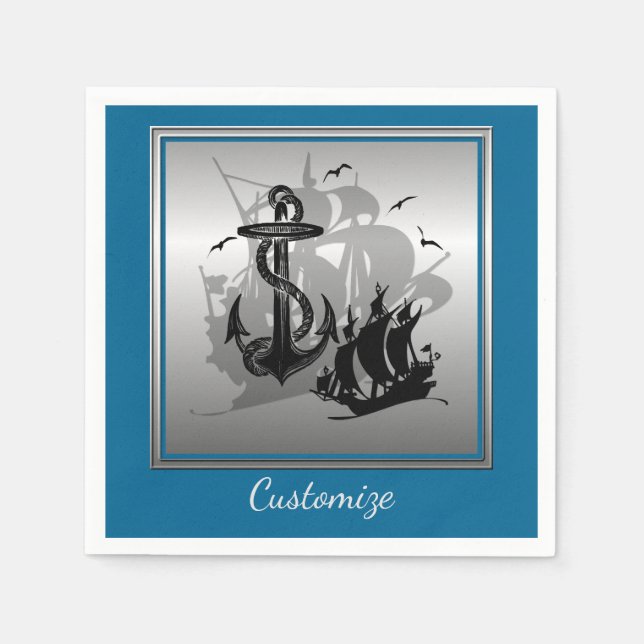 Piratenschiff & Anchor Black Silhouette Napkins 4 Serviette (Vorderseite)