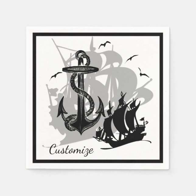 Piratenschiff & Anchor Black Silhouette Napkins Serviette (Vorderseite)