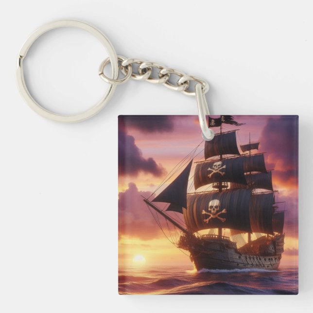 Piratenschiff bei Sonnenaufgang/Sonnenuntergang Schlüsselanhänger (Vorderseite)
