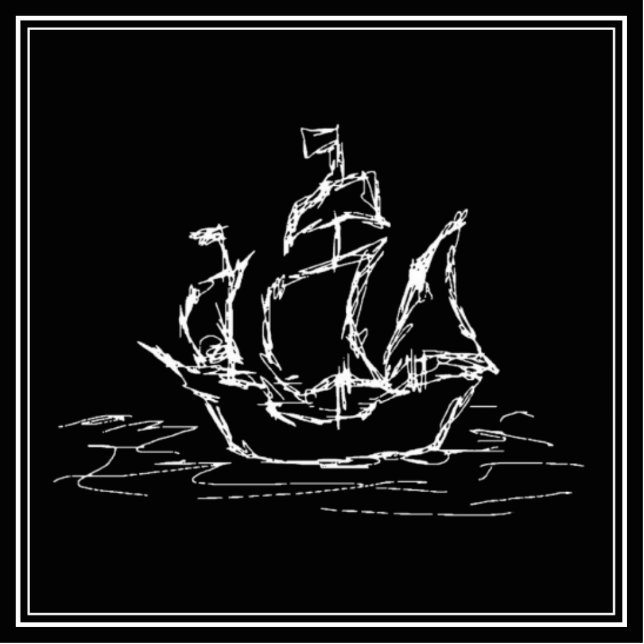 Piratenschiff. Schwarz-Weiß-Galerie. Freistehende Fotoskulptur (Vorne)