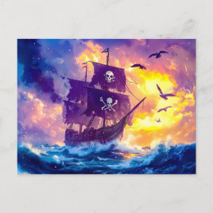 Piratenschiff Segelfahrt in den Sonnenuntergang au Postkarte