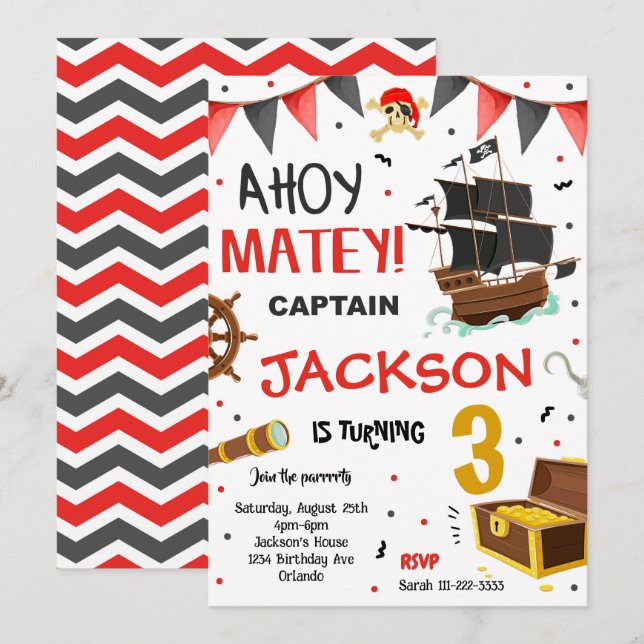 Piratenschiff Treasure Geburtstagseinladung Einladung (Vorne/Hinten)