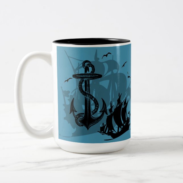 Piratenschiff und Anchor Schwarze Silhouette Zweifarbige Tasse (Links)