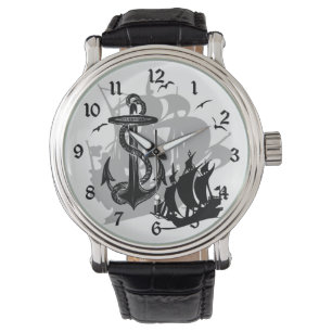Piratenschiff und Anker Schwarze Silhouette Beobac Armbanduhr
