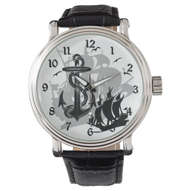 Piratenschiff und Anker Schwarze Silhouette Beobac Armbanduhr (Vorderseite)