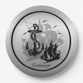 Piratenschiff und Anker Schwarze Silhouette Papier Pappteller