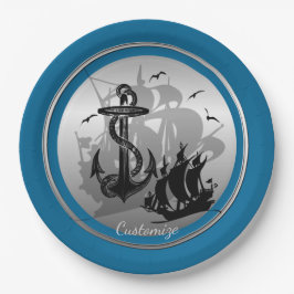 Piratenschiff und Anker Schwarze Silhouette Teller