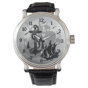 Piratenschiff und Anker Schwarze Silhouette Uhr 2