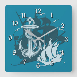 Piratenschiff und Anker Weiße Silhouette Uhr 2