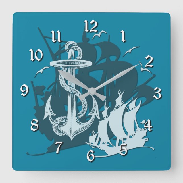 Piratenschiff und Anker Weiße Silhouette Uhr 2 (Vorderseite)
