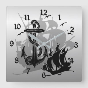Piratenschiff- und Ankermauer-Silhouette Quadratische Wanduhr