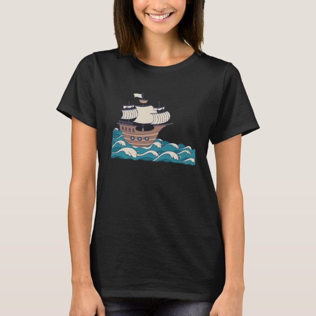 Piratenschiff Wasserfarbe gestrichen Schiff Kapita T-Shirt (Vorderseite)