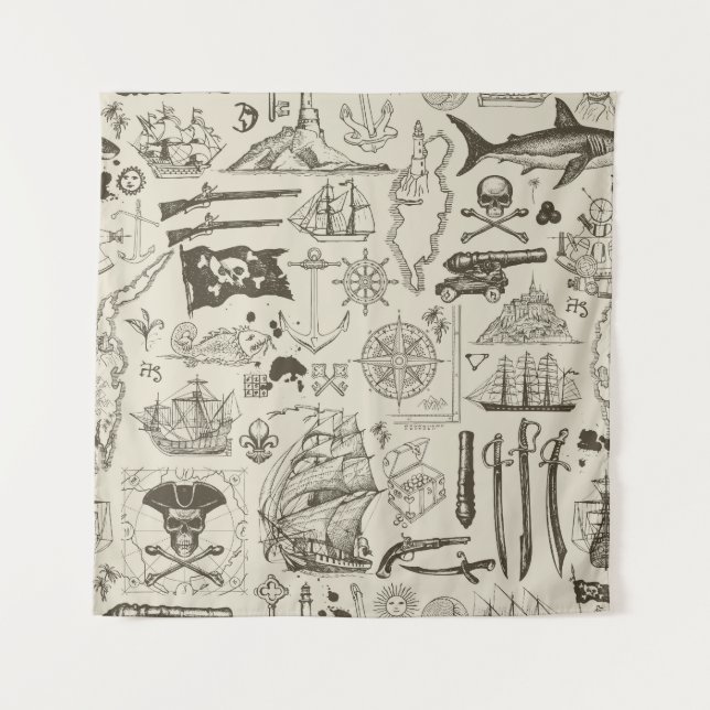 Piratenthema: Vintage nautische Muster. Wandteppich (Vorderseite)