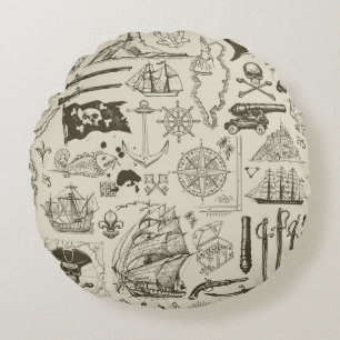 Piratenthema: Vintage nautisches Muster. Rundes Kissen