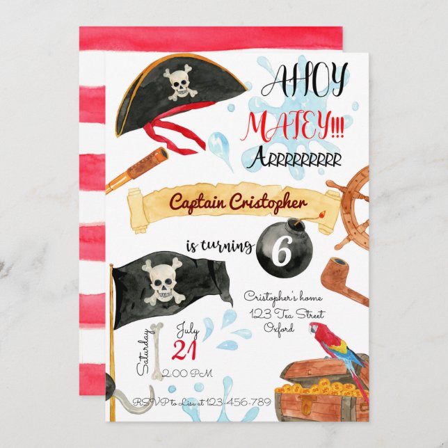 Pirates Birthday Invitation, Pirates Invitation, Einladung (Vorne/Hinten)