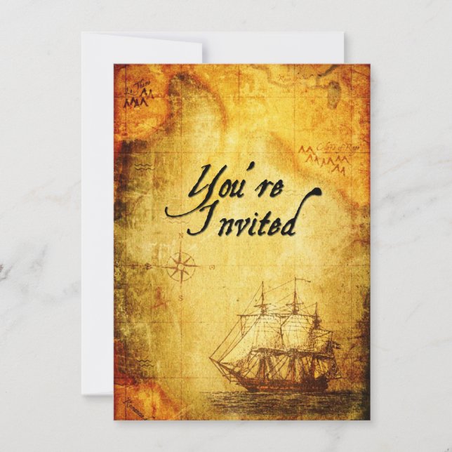 Pirates Party Einladung auf antike Karte (Vorderseite)