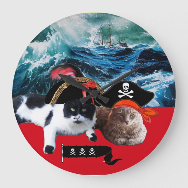 PIRATKATZEN UND SCHIFF IM MEERESORM, ÜBLICHES GROßE WANDUHR (Vorderseite)