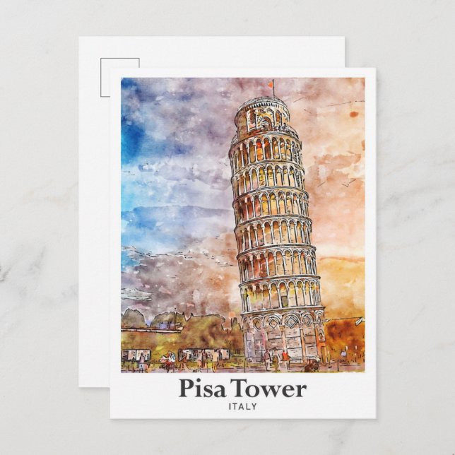 Pisa Tower Italien Reisen Wasserfarben Handgezeich Postkarte (Vorne/Hinten)